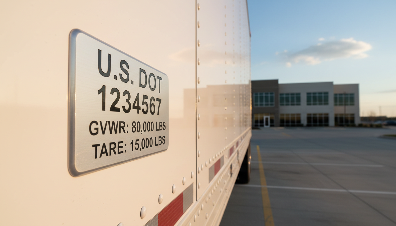 A sleek metallic DOT-compliant signage plaque—brushed aluminum with crisp, engraved letters and a reflective quality—secured to the side of a well-maintained cargo trailer in a spotless, paved lot. The trailer’s white, taut side panels and precisely aligned rivets create a sense of pristine order, while the plaque catches the soft, late afternoon sunlight, yielding gentle highlights and subtle, elongated shadows on the panel surface. The background features clean, orderly pavement with marked loading bays and a distant hint of neutral office architecture. The photograph is composed at a low side-angle, emphasizing the signage’s texture and importance, while the rest of the scene remains slightly out of focus. The mood is diligent and trustworthy, aligning with a corporate, photographic, and structured image style.
