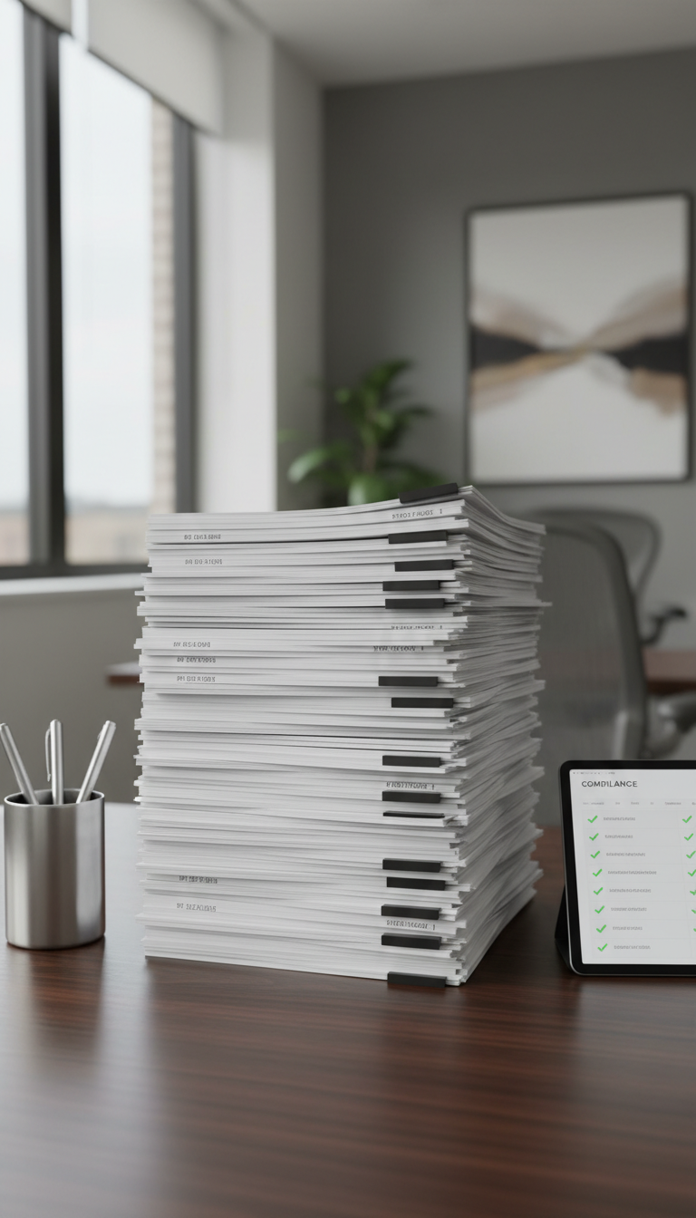 A meticulously organized stack of crisp, white compliance documents, each marked with subtle DOT numbers and federal seals in muted grayscale ink, arranged neatly atop a smooth, dark walnut desk surface. The environment is a modern office space with clean lines and minimalistic decor, accented by a brushed metal pen holder and a digital compliance checklist tablet off to the side. Natural daylight pours in from a large window, bathing the scene in a balanced, neutral-toned glow and creating refined, soft-edged shadows. The composition employs an eye-level perspective with the documents centered, focusing sharply on details while letting the surroundings blend softly in the background. The overall mood is calm and authoritative, with a photographic realism and a structured, corporate aesthetic suitable for a transportation compliance consultancy website.