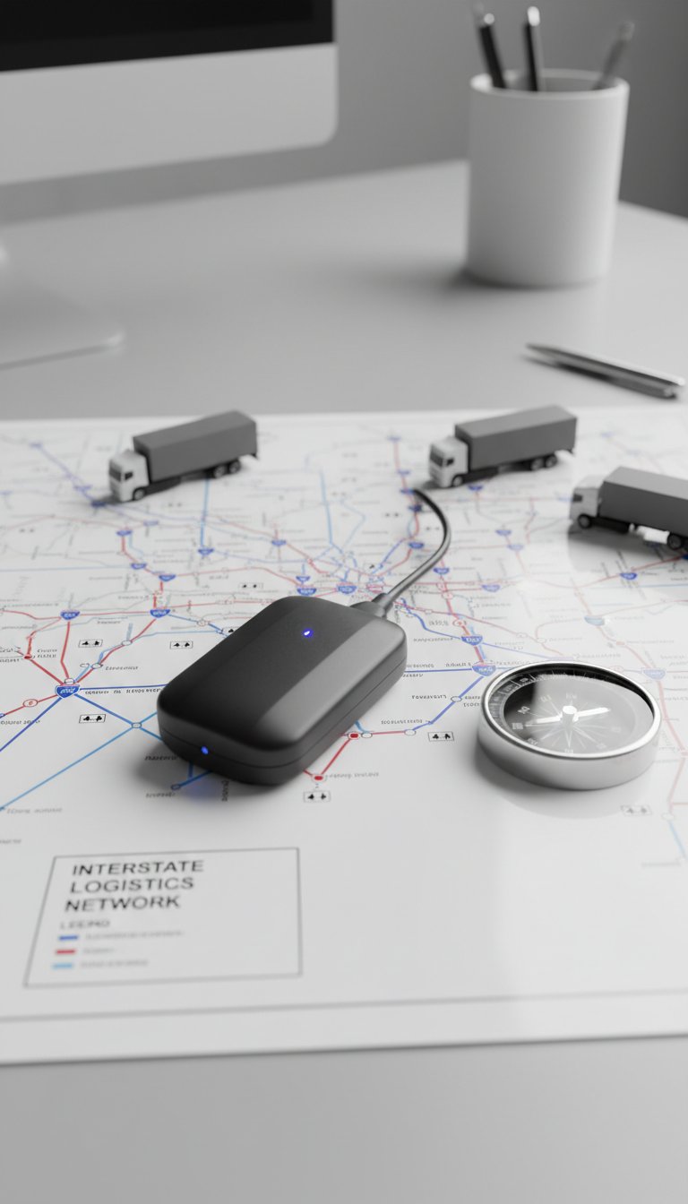 A close-up shot of a sophisticated GPS tracking device—matte charcoal black, with a textured body and subtle LED indicator—resting atop a glossy, pristine white schematic map of interstate routes. The device is positioned near the map’s legend, surrounded by neatly arranged miniature cargo truck models and a brushed stainless-steel compass. Soft, diffused overhead office lighting evenly illuminates the scene, accentuating the device’s contours and the map’s fine printed details. The setting is a tidy, streamlined workspace with a neutral, modern palette. Captured from a slightly elevated angle with sharp focus across the central elements, the photograph achieves a structured clarity. The mood is innovative yet professional, reflecting advanced solutions in fleet management and compliance, consistent with the business-focused, photographic image style.